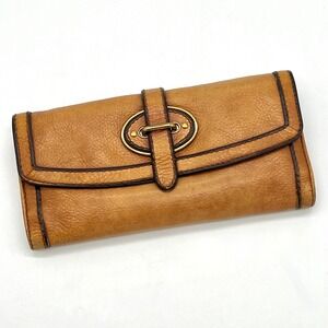 Fossil Leather Wallet Revival Brown Trifold Checkbook Organizer Clutch Italy